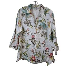 Hot Cotton by Marc Ware 100% Linen Floral Butterfly Button Down Shirt Large USA
